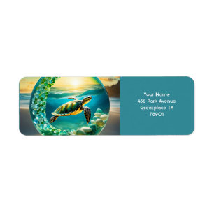Etiqueta Fantasy Cute Vivid Turtle Sea Waves