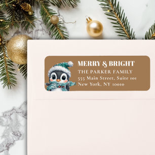 Etiqueta FELIZ e BRIGHT! Adorável, Pinguim Com Papai Noel