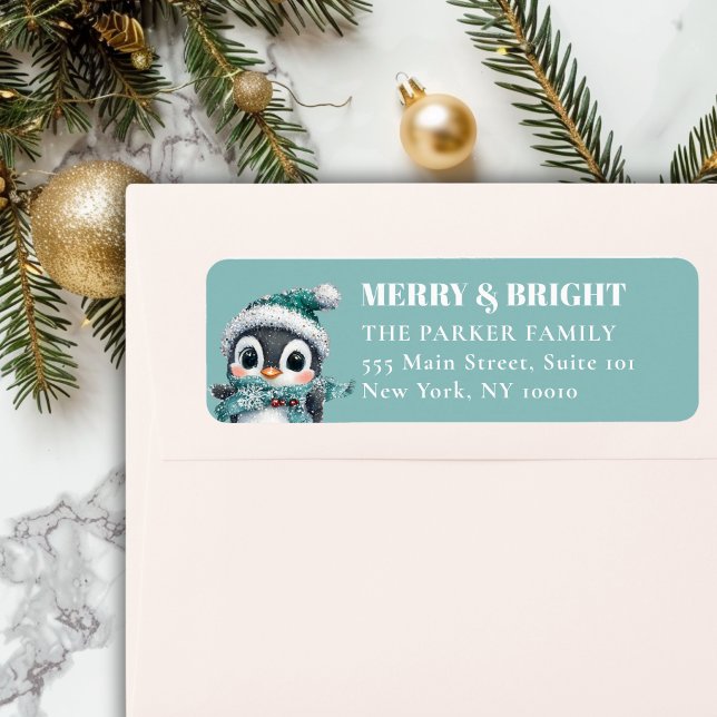 Etiqueta FELIZ e BRIGHT! Adorável, Pinguim Com Papai Noel (MERRY & BRIGHT! Adorable, Penguin With Santa Hat, Address Return Label.)