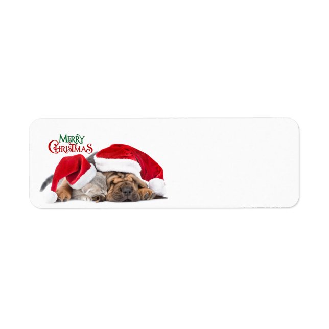 Etiqueta Feliz gato e cachorro de Natal (Frente)