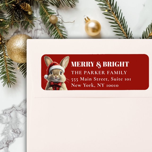 Etiqueta Feliz Natal! Adorável, Coelho, Papai Noel (MERRY & BRIGHT! Adorable, Rabbit With Red Santa Hat and Ribbon, Red Address Return Labels.)