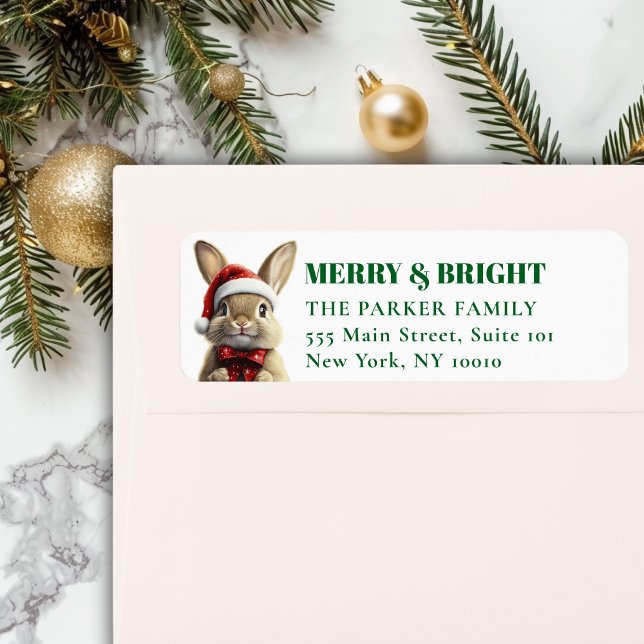 Etiqueta Feliz Natal! Adorável, Coelho, Papai Noel (MERRY & BRIGHT! Adorable, Rabbit With Red Santa Hat and Ribbon, Address Return Labels.)