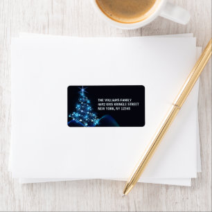 Etiqueta Feliz Natal Árvore Azul e Estrelas Feriado