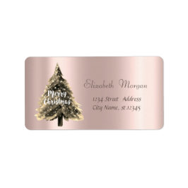 Etiqueta Feliz Natal, Árvore de Natal, Rosa Dourado
