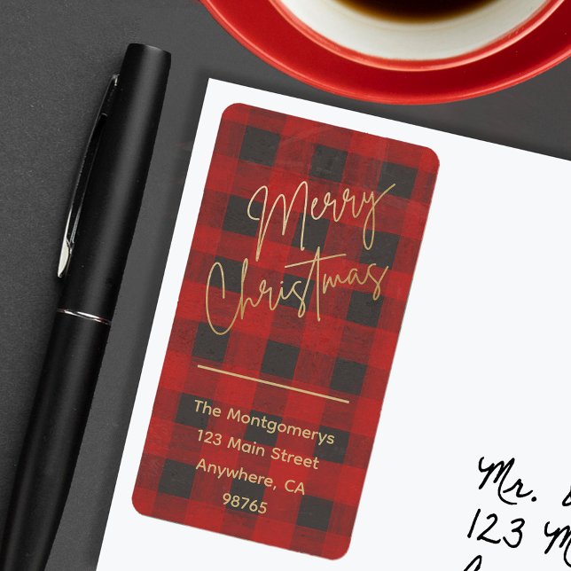 Etiqueta Feliz Natal Buffalo Check Endereço de Devolução (Criador carregado)