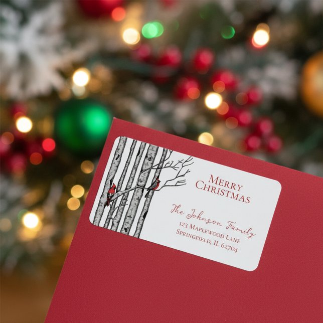Etiqueta Feliz Natal Cardinals Birch Branch (Elegant Festive Winter Return Address Label. Hand Drawn Red Cardinal Birds in Birch Trees)
