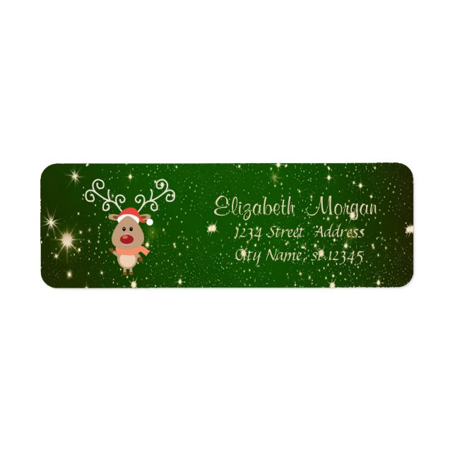 Etiqueta Feliz Natal,Cartoon Reindeer,Green Sparkles (Frente)