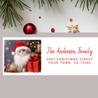 Etiqueta Feliz Natal do Gato com um Chapéu de Papai Noel
