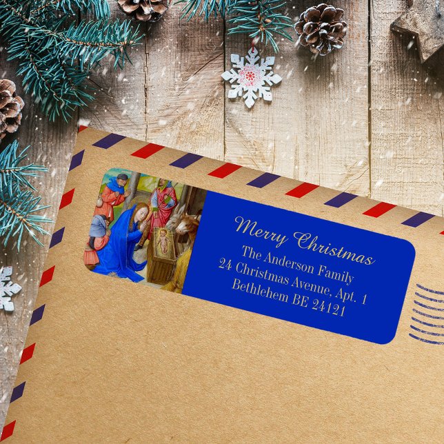 Etiqueta Feliz Natal Dourado Cristão Medieval Religiosa (Merry Christmas Gold Blue Religious Christian Catholic Medieval Holiday Return Address Label)