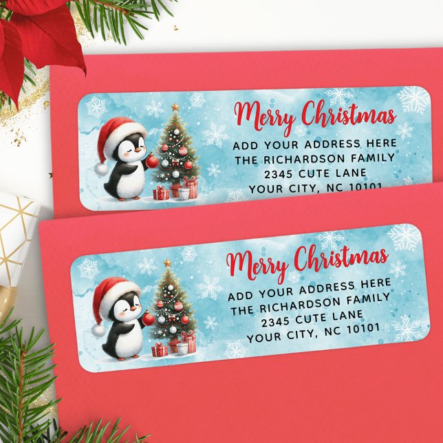 Etiqueta Feliz Natal Elegante - Vermelho Pinguim Cujo Pingu (Criador carregado)