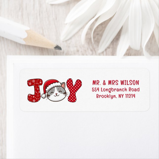Etiqueta Feliz Natal Kitty Cat " JOY " endereço de volta (Insitu)