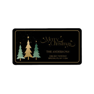 Etiqueta Feliz Natal Minimalista Pinheiros Pretos