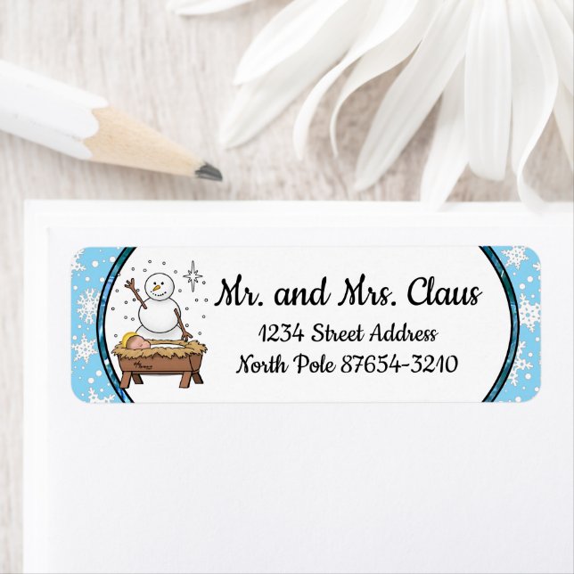 Etiqueta Feliz Natal Natividade Bebê Jesus Snowman (Insitu)