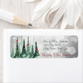 Etiqueta Feliz Natal Pinheiros Florestais Cardinais