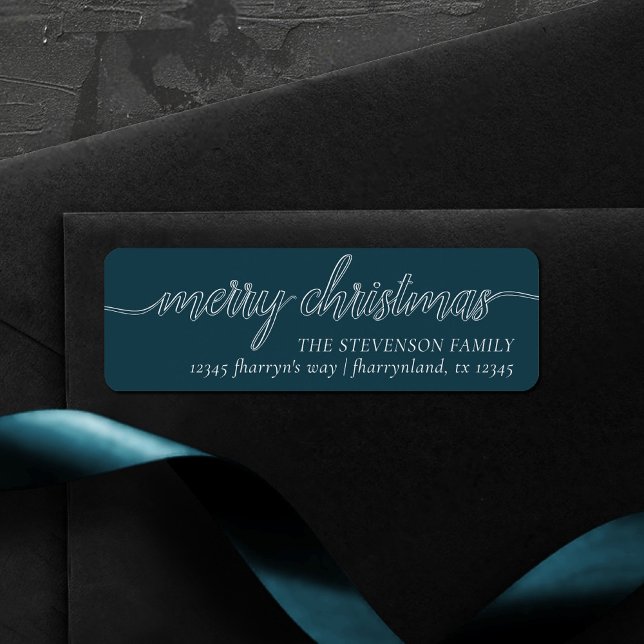 Etiqueta Feliz Natal Script | Moody Dark Teal Address (Criador carregado)