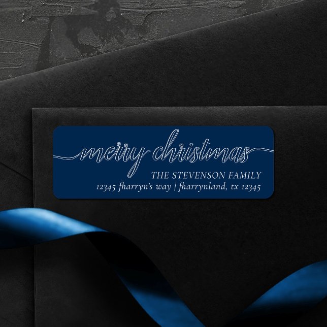 Etiqueta Feliz Natal Script | Trendy Marinho Blue Address (Criador carregado)