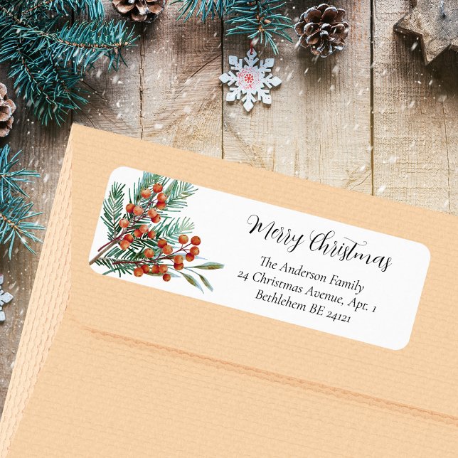 Etiqueta Feliz Natal Simples Aquarela Sagrada Berries Verme (Merry Christmas Simple Rustic Watercolor Green Holly Red Berries Holiday Return Address Label)