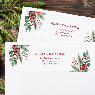 Etiqueta Feliz Natal Simples Endereço de Devolução Floral