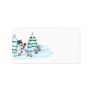 Etiqueta Feliz Natal! Snowman com Cat e Puppy