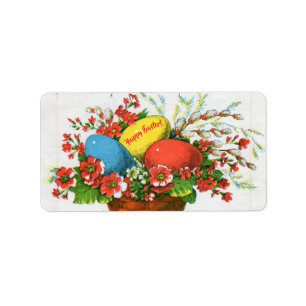 Etiqueta Feliz Páscoa! Cartão postal antigo, ovos, pintados