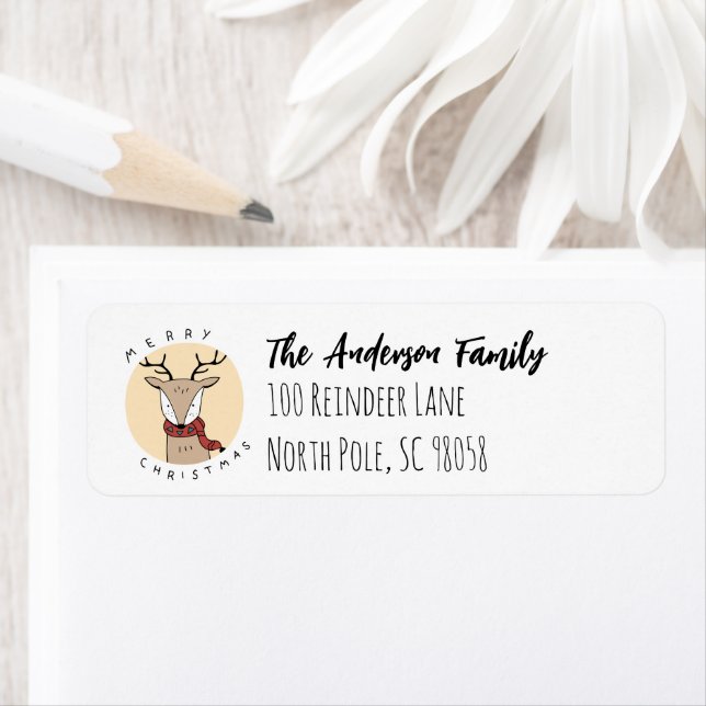 Etiqueta Feliz Reindeer de Natal com Scarf (Insitu)
