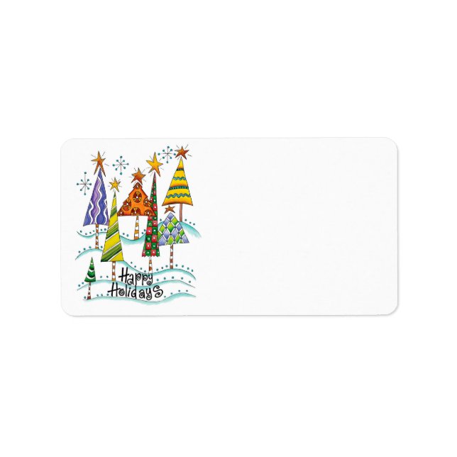 Etiqueta Felizes Festas! Árvores de Natal Fofo com Estrelas (Frente)