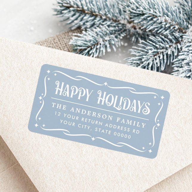 Etiqueta Felizes Festas elegante endereço de devolução azul (Happy Holidays elegant light blue return address Label)
