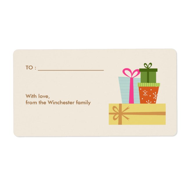 Etiqueta Feriado em Pilha de Caixas de Presente (Frente)