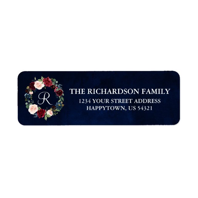 Etiqueta Feriado Floral, Monograma, Endereço Azul (Frente)