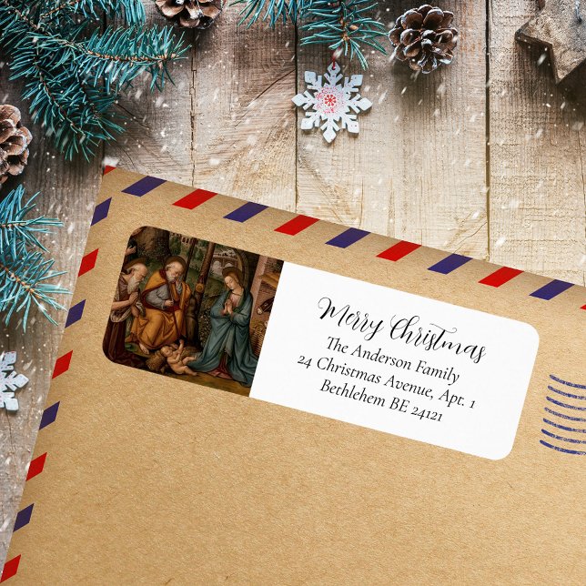 Etiqueta Feriado Religioso Clássico de Natal Feliz (Merry Christmas Nativity Scene Religious Painting Classic Christian Catholic Holiday Return Label)