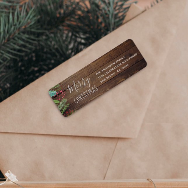Etiqueta Festa de Natal Rustic Wood Holly & Pine (The Return Address Label Mock-up)