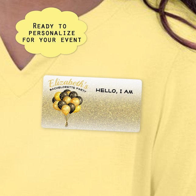 Etiqueta Festa de solteira Balões Dourados Nomes de etiquet (Have custom sticker label name tags for your guests to identify each other. Add guest name at event.)