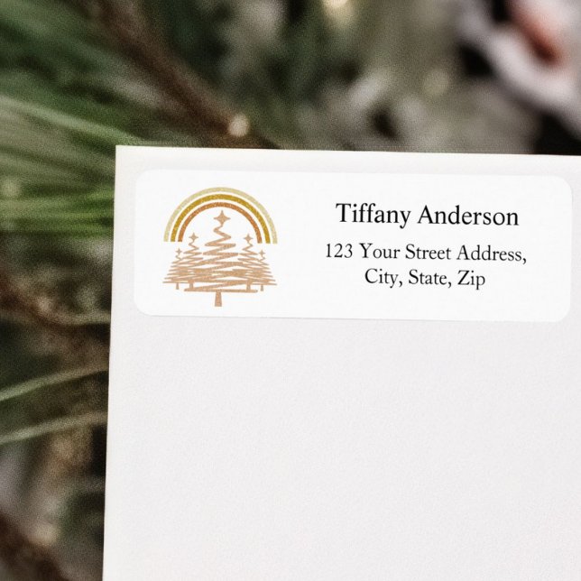 Etiqueta Festivo Dourado Rainbow Fir Trees Endereço de Reto (Criador carregado)