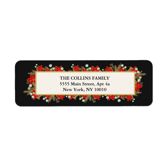 Etiqueta Festivo, Elegante, Poinsetos Vermelhos Desenhados (Frente)