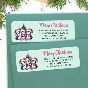 Etiqueta Festivo Feliz Natal Pinguins Cons Rosa Mint