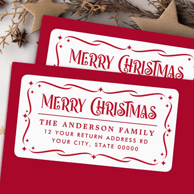 Etiqueta Festivo Felry Natal Vermelho endereço de retorno b (Festive Merry Christmas red white return address Label)