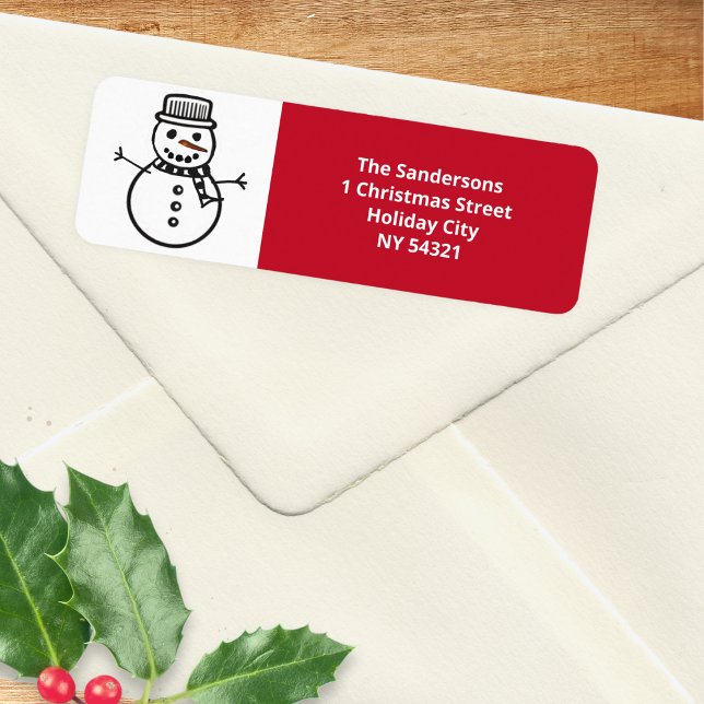 Etiqueta Festivo Red Christmas Snowman (A Christmas return address label with jolly snowman picture and red panel for your address)