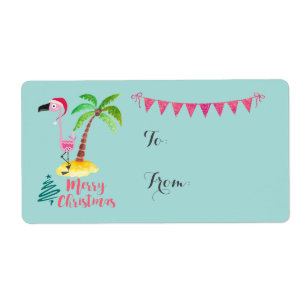 Etiqueta Flamingo cor-de-rosa do Feliz Natal com presente