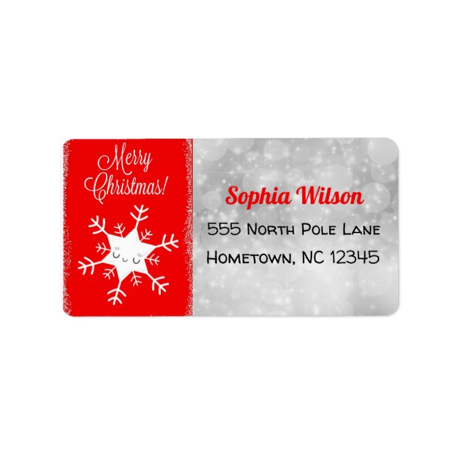 Etiqueta Floco de neve bonito, Feliz Natal Vermelho (Frente)