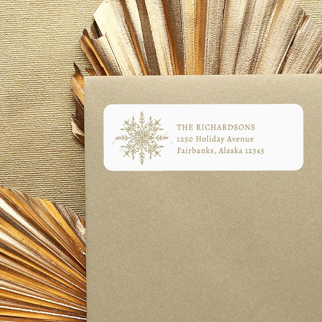 Etiqueta Floco de neve Dourado Elegante | Endereço para dev (An elegant Christmas return address label, with a festive gold snowflake)