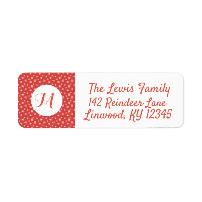 Etiqueta Flocos de neve vermelhos e brancos monogramados (Frente)