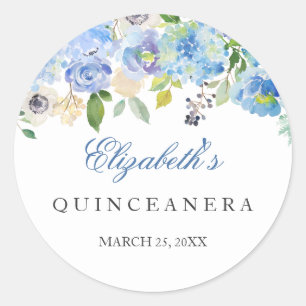 Etiqueta floral azul elegante de Quinceanera
