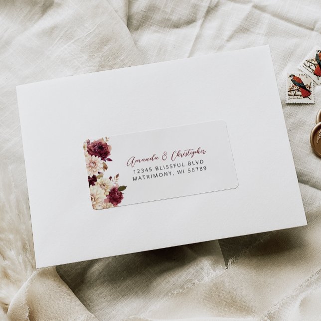 Etiqueta Floral Burgundy Cream Weding RSVP Endereço (Criador carregado)