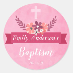 Etiqueta floral cor-de-rosa elegante do baptismo