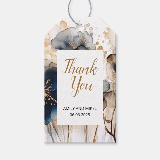 Etiqueta Floral de Presente de Ouro Azul de Marinh (Frente)