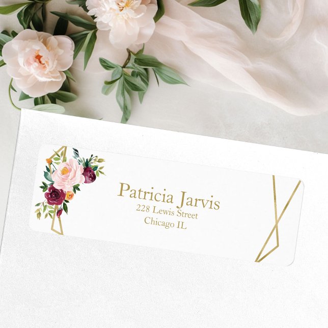 Etiqueta Floral Geométrico Dourado Blush Burgundy (Criador carregado)