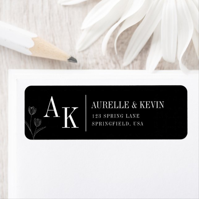 Etiqueta Floral Line Rustic Black Elegant Wedding Address (Insitu)