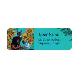 ETIQUETA FLORES COM GATO PRETO EM TURQUOISMO AZUL