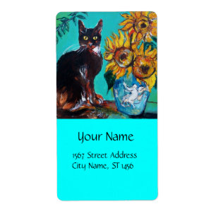 ETIQUETA FLORES COM GATO PRETO EM TURQUOISMO AZUL