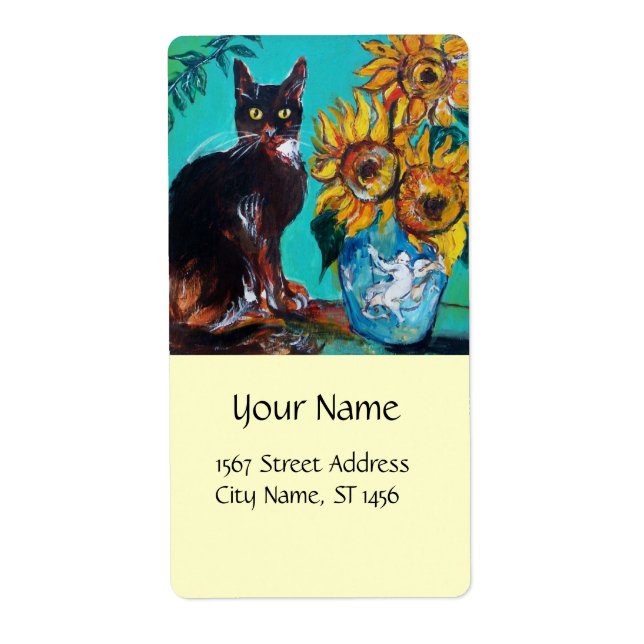 ETIQUETA FLORES COM GATO PRETO EM TURQUOISMO AZUL (Frente)